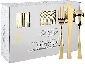 WDF300 Pieces Gold Plastic Silverware - Heavy Duty Disposable Gold Cutlery Set Plas