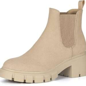 Athlefit Women's Chelsea Boots Fashion Lug Sole Chunky Heel Slip on Elastic Ankle