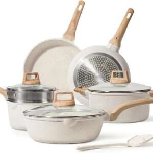 CAROTE Pots and Pans Set Nonstick, White Granite Induction Kitchen Cookware Set