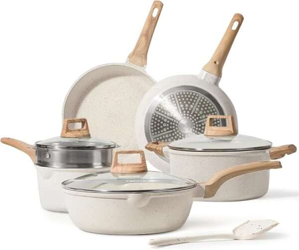 CAROTE Pots and Pans Set Nonstick, White Granite Induction Kitchen Cookware Set