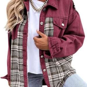 SHEWIN Women's Oversized Denim Jacket Casual Long Sleeve Button Down Plaid