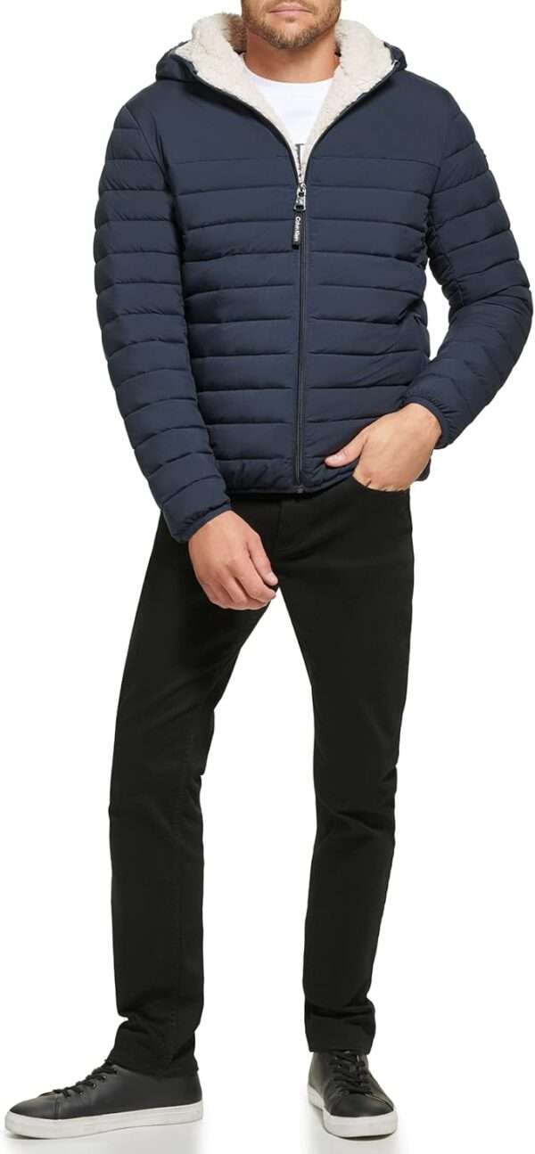 Calvin Klein Men's Hooded Down Jacket, Quilted Coat, Sherpa Lined