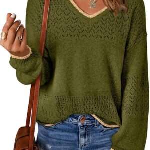 SHEWIN Womens Sweaters Casual Long Sleeve V Neck Lightweight Crochet Pullover