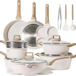 CAROTE 21Pcs Pots and Pans Set, Nonstick Cookware Sets, White Granite Induction