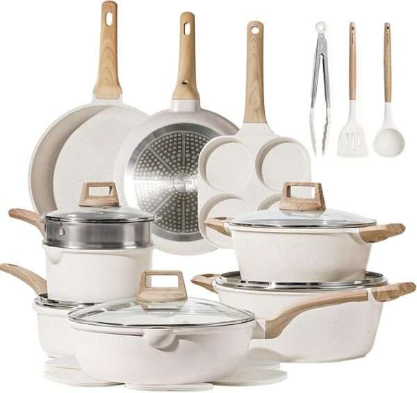 CAROTE 21Pcs Pots and Pans Set, Nonstick Cookware Sets, White Granite Induction