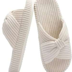 Chantomoo Slippers for Women Memory Foam House Bedroom Corduroy Bow