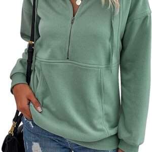 PRETTYGARDEN Women's Casual Long Sleeve Lapel Zipper Sweatshirt Drawstring