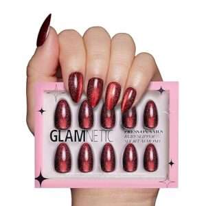 Glamnetic Press On Nails - Ruby Slipper | Deep Red Sparkly Short Almond Fake Nails