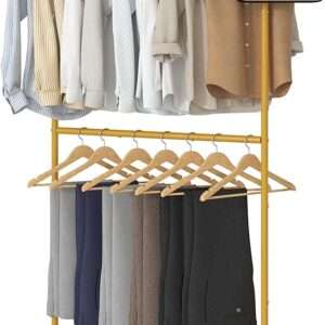 Sywhitta Double Rod Clothing Garment Rack, Rolling Coat Hanger with Bottom Mesh