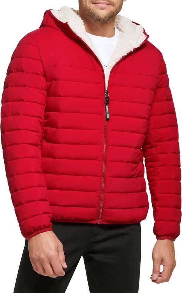 Calvin Klein Men's Hooded Down Jacket, Quilted Coat, Sherpa Lined
