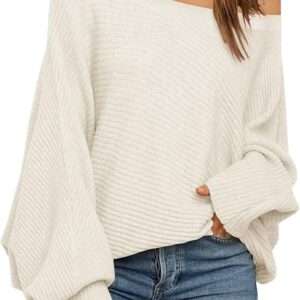 Mafulus Women's Oversized Crewneck Sweater Batwing Puff Long Sleeve Cable