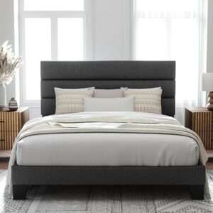 Allewie Queen Size Platform Bed Frame with Fabric Upholstered Headboard and
