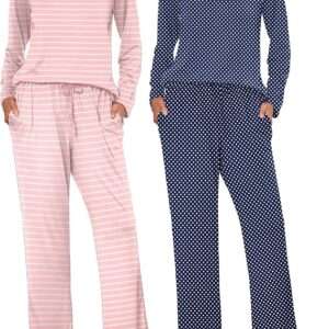 Ekouaer 2 Pack Women's Pajama Set Soft Long Sleeve Sleepwear Loungewear Pjs