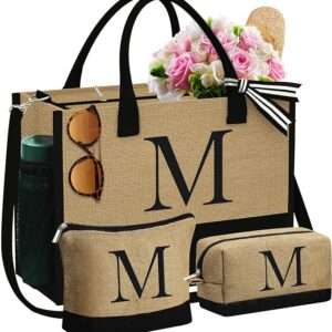 YOOLIFE Christmas Gifts for Women - Initial Jute Tote Bag & 2 Makeup Bags Birthday