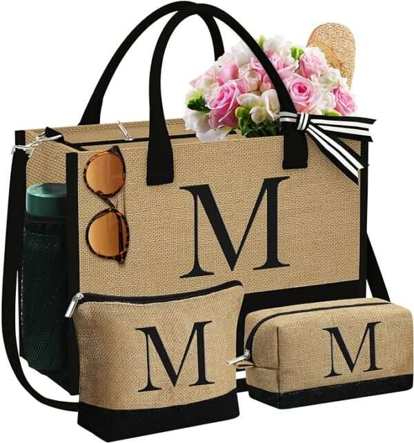 YOOLIFE Christmas Gifts for Women - Initial Jute Tote Bag & 2 Makeup Bags Birthday