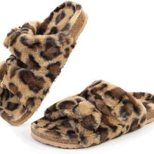 FITORY Womens Open Toe Slipper with Cozy Lining,Faux Rabbit Fur Cork Slide Sandal