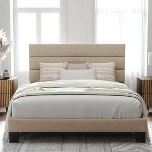 Allewie Full Size Platform Bed Frame with Fabric Upholstered Headboard and Wooden Slats Support