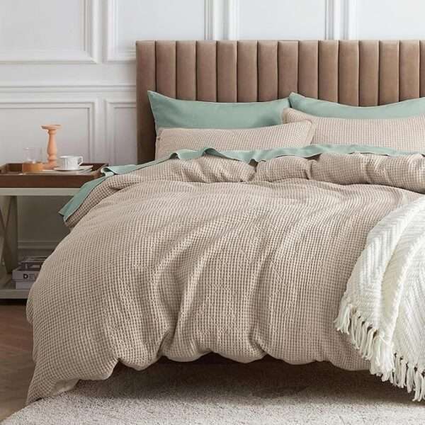 Bedsure Waffle Comforter Set King, Khaki Soft Cotton Bedding Set for All Seasons
