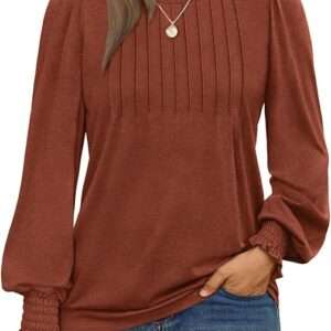 AUTOMET Long Sleeve Shirts Womens Pleated Business Casual Blouses with Smocked