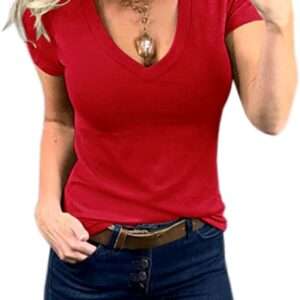 Womens Summer Sexy Short Sleeve Tshirt Tops Deep V Neck Shirts Casual Slim Fit