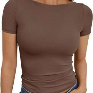 Trendy Queen Womens Boat Neck Tops Short Sleeve T-Shirts Going Out Compression