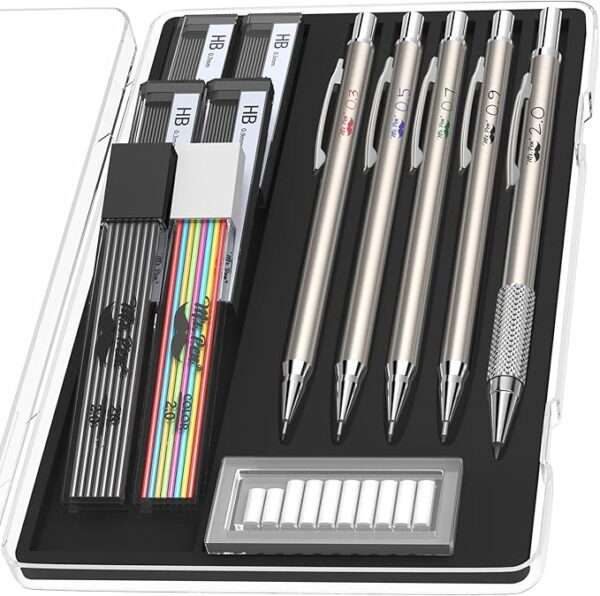Mr. Pen- Metal Mechanical Pencil Set with Lead and Eraser Refills, 5 Sizes, 0.3, 0.5, 0.7
