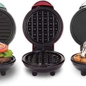 DASH Mini Waffle Maker + Grill + Griddle, 3 in 1 Pack - Red/Aqua/White