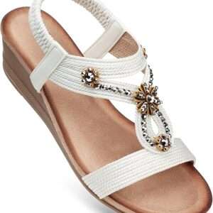 SHIBEVER Womens Wedge Sandals Flower Low Heel Dressy Sandals Elastic Ankle