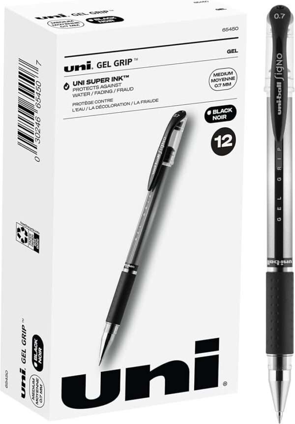 uniball Signo Grip Gel Pen, Stick, Medium 0.7 Mm, Black Ink, Silver/black Barrel