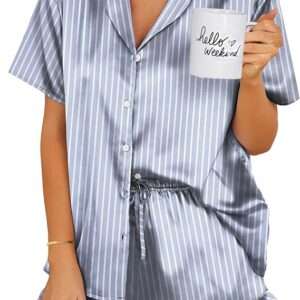 Ekouaer Womens Satin Pajamas Set Button Down 2 Piece Silk Pjs Shorts Set Ruffle