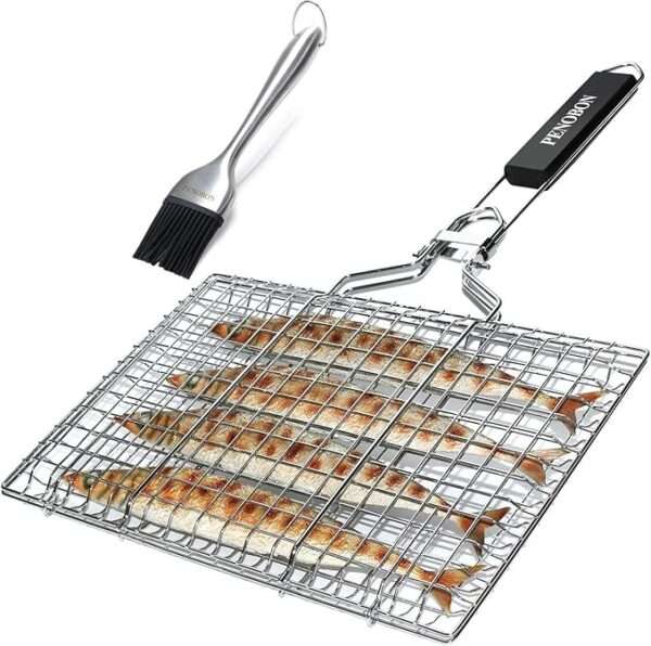 BBQ Fish Grill Basket for Outdoor Grill, Stainless Steel Vegetable Grilling Basket with Detachable