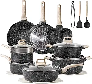 CAROTE 21pcs Pots and Pans Set Nonstick, Cookware Set Black Granite