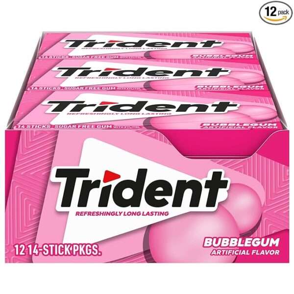 Trident Bubblegum Sugar Free Gum, 12 Packs of 14 Pieces (168 Total Pieces)