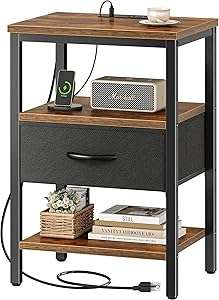 SUPERJARE Nightstand with Charging Station, Bed Side Table with Adjustable Fabric