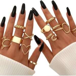 FAXHION 12PCS Gold Stackable Rings Set for Women, 18K Gold Plated Open