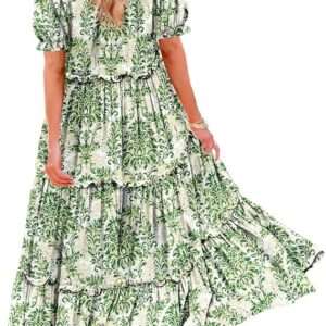 YESNO Summer Casual Bohemian Floral Dresses for Women Puff Short Sleeve Long