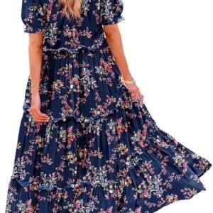 YESNO Summer Casual Bohemian Floral Dresses for Women Puff Short Sleeve Long