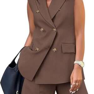 BTFBM Womens Blazer Vest Shorts Sets Lapel Neck Casual Sleeveless Button Down
