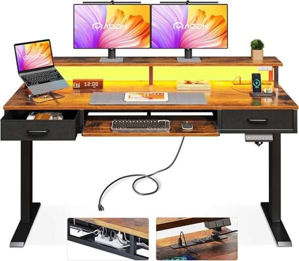 AODK Electric Standing Desk with Drawers & Keyboard Tray, 55 Inch
