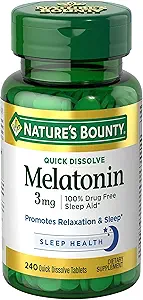 Nature's Bounty Melatonin 3mg, 100% Drug Free Sleep Aids for Adults, Supports
