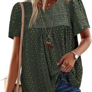 Womens Summer Tops Crewneck Short Sleeve Shirts Casual Chiffon Blouses Flowy