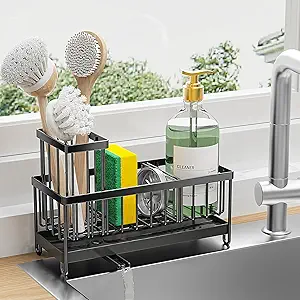 Cisily Black Sponge Holder for Kitchen Sink, Sink Caddy Organizer with High Brush