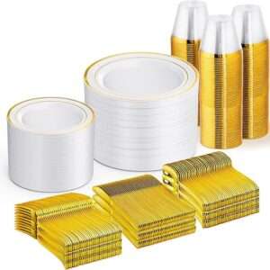 WELLIFE 600 PCS Gold Disposable Dinnerware Set for 100 Guests, Gold and White