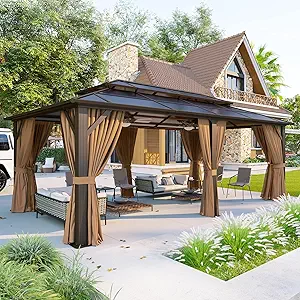 Aoxun 12'x20' Hardtop Gazebo, Aluminum Frame Permanent Pavilion with Curtains