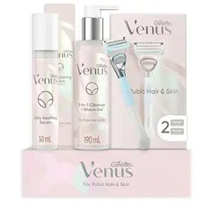 Gillette Venus for Pubic Hair and Skin, 1 Razor Handle + 2 Blade Refills, 2-in-1