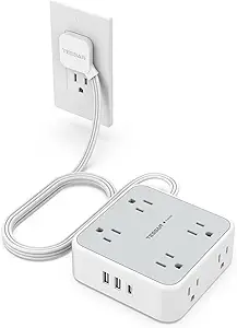 Surge Protector Flat Extension Cord Flat Plug Power Strip, 8 AC Outlets, 3 USB