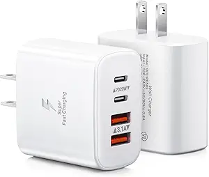 USB C Wall Charger, 2-Pack 40W 4-Port Fast Charging Dual Port PD Power Adapter
