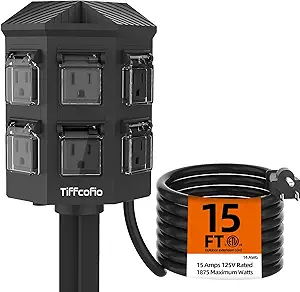 Outdoor Power Strip Weatherproof, 15 FT Extension Cord with Stake, 6 Grounded