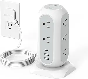 Tower Power Strip Flat Plug with 11 Outlets 3 USB (1 USB C), TESSAN