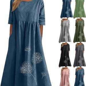 Maxi Dresses for Women 2025 Vacation Boho Dandelion Print Cotton Linen Dress